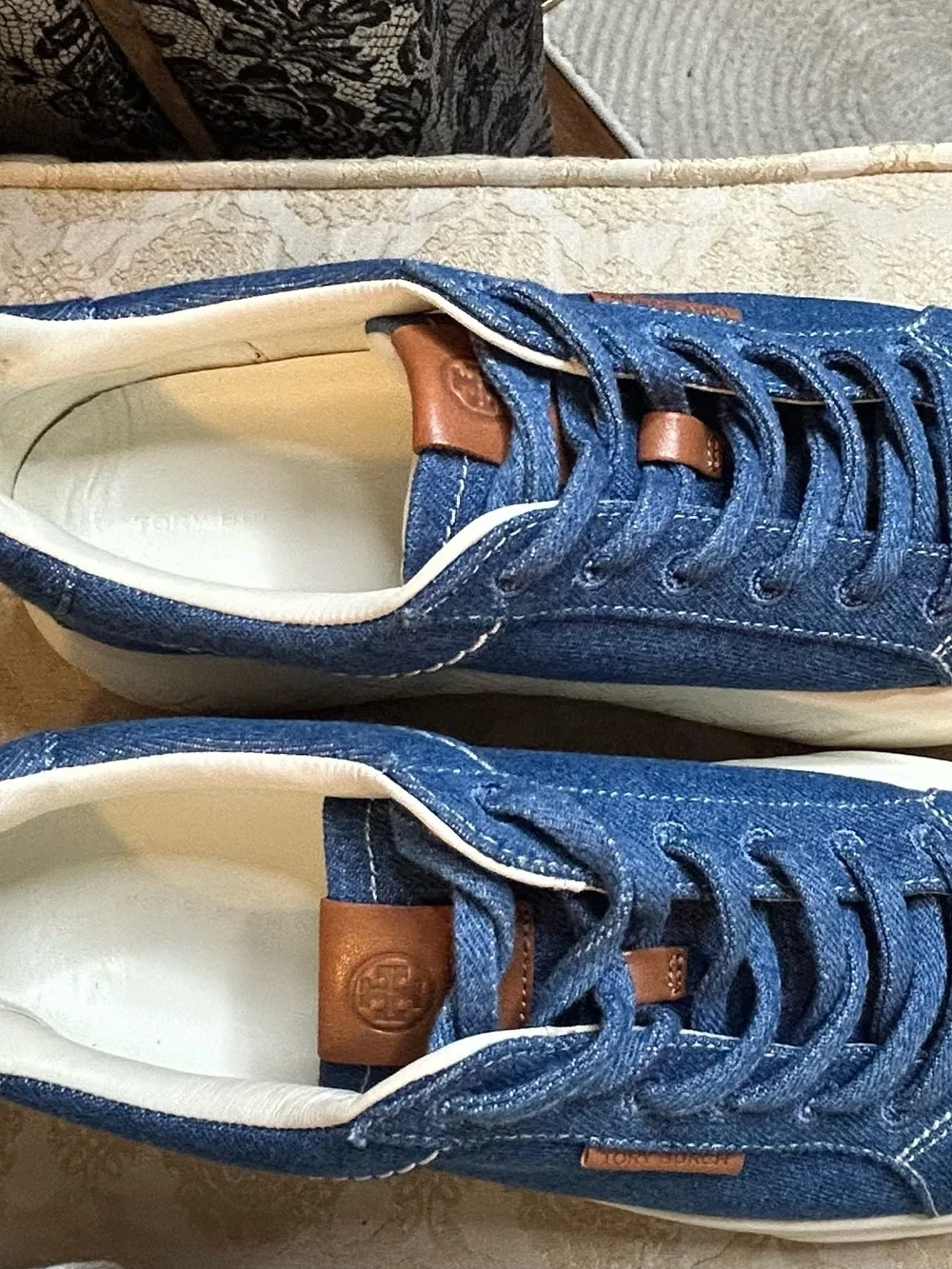 Sz 7.5 Tory Burch Ladybug Denim Leather Sneakers in “Azul”